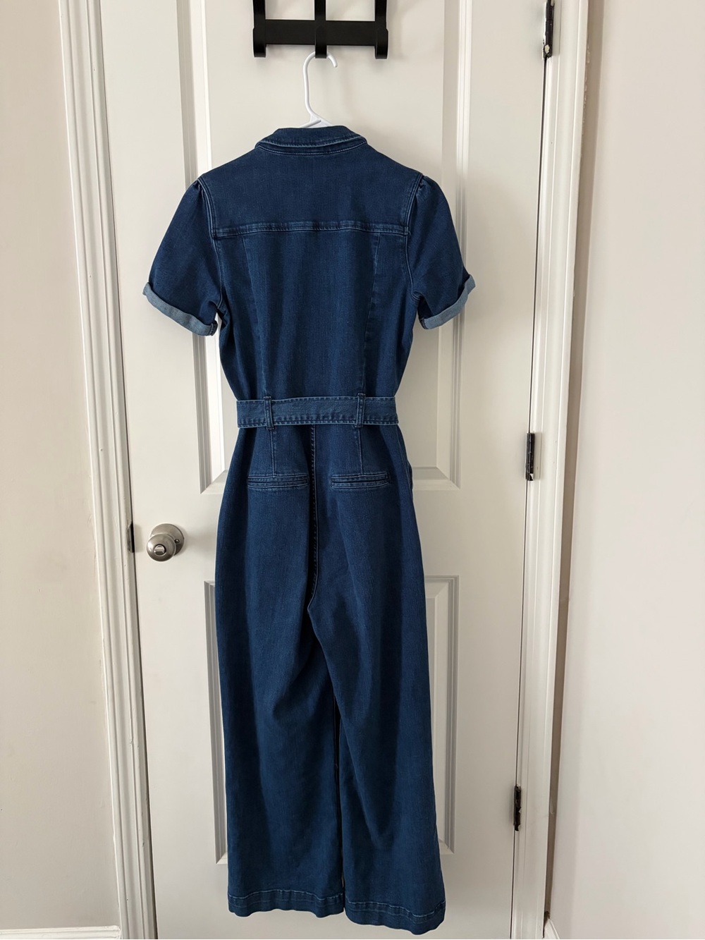 PAIGE Anessa Denim Jumpsuit Size 6 Dark Wash Wide Leg Belted - Picture 4 of 8